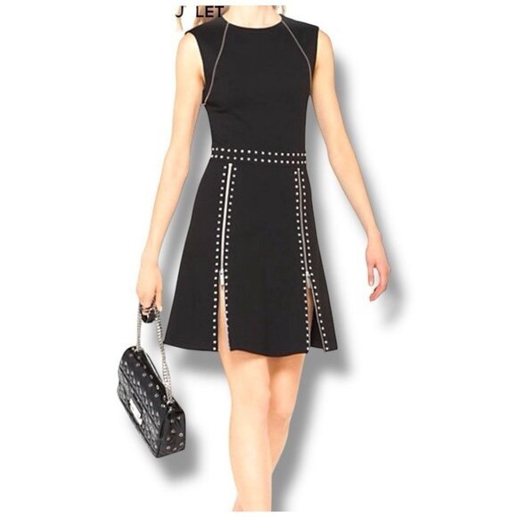Michael Kors Black Studded Fit & Flare Dress Zipper Detail Goth Y2K Womens Small - Picture 1 of 14